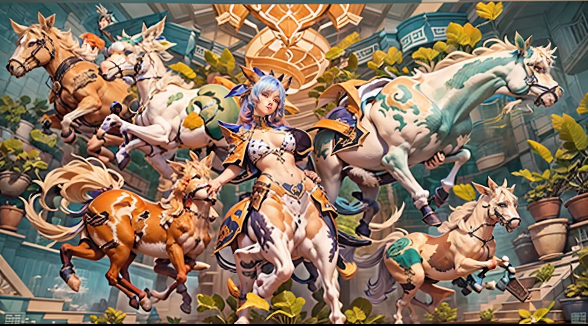 In the beautiful illustration of this super-grand scene，The ultra-long-range lens is shown（Over eight unique centaur characters：9.9），They all have their own characteristics，Vivid and interesting。Radiant angelic centaurs from the heavenly realm，To the hellish centaurs surrounded by nightmarish flames，And then to the Wind Fairy Centaur dancing in the air，There are also one-horned centaurs surrounded by thunder and lightning，and mechanical centaurs that shine with metallic light，And then to the powerful dragon centaur with colored dragon scales covering the whole body，The elegant and agile elf centaur always wears a flower crown with its slender graceful lines，Enchanting and charming Tiflin centaurs。Each character has their own unique charms and abilities。The illustration uses advanced artistic techniques and tools，（Divide the scene into sections by geometric arrangement：9.9），Each section corresponds to a centaur character，This makes more efficient use of space。Through Midjourney's advanced brush tools、Color palette、Material packs and model packs，For each centaur, beautiful props are designed to increase racial characteristics、Clothing and physical features，Enhances the character's personality and visual appeal。The scenery in the illustrations is stunning，There are changing skies、rainbowing、extreme light、Stars and Moon。Incorporating iconic landmarks such as Mount Everest，and fireworks、tranquil lake、Natural and urban elements of waves and neon lights，Creates a magical atmosphere。The centaurs display their unique abilities and equipment in a variety of environments，This is true even in extreme alien landscapes。（Use Midjourney's toolaterial packs、Texture tools、The color palette makes depicting details vivid and realistic：9.9），From complex hairstyles and as well as different racial traits、Body、Appearance features、Clothing to real textures，This greatly enhances the realism of the characters and surroundings。The fusion of multiple art styles adds movement to the centaur's