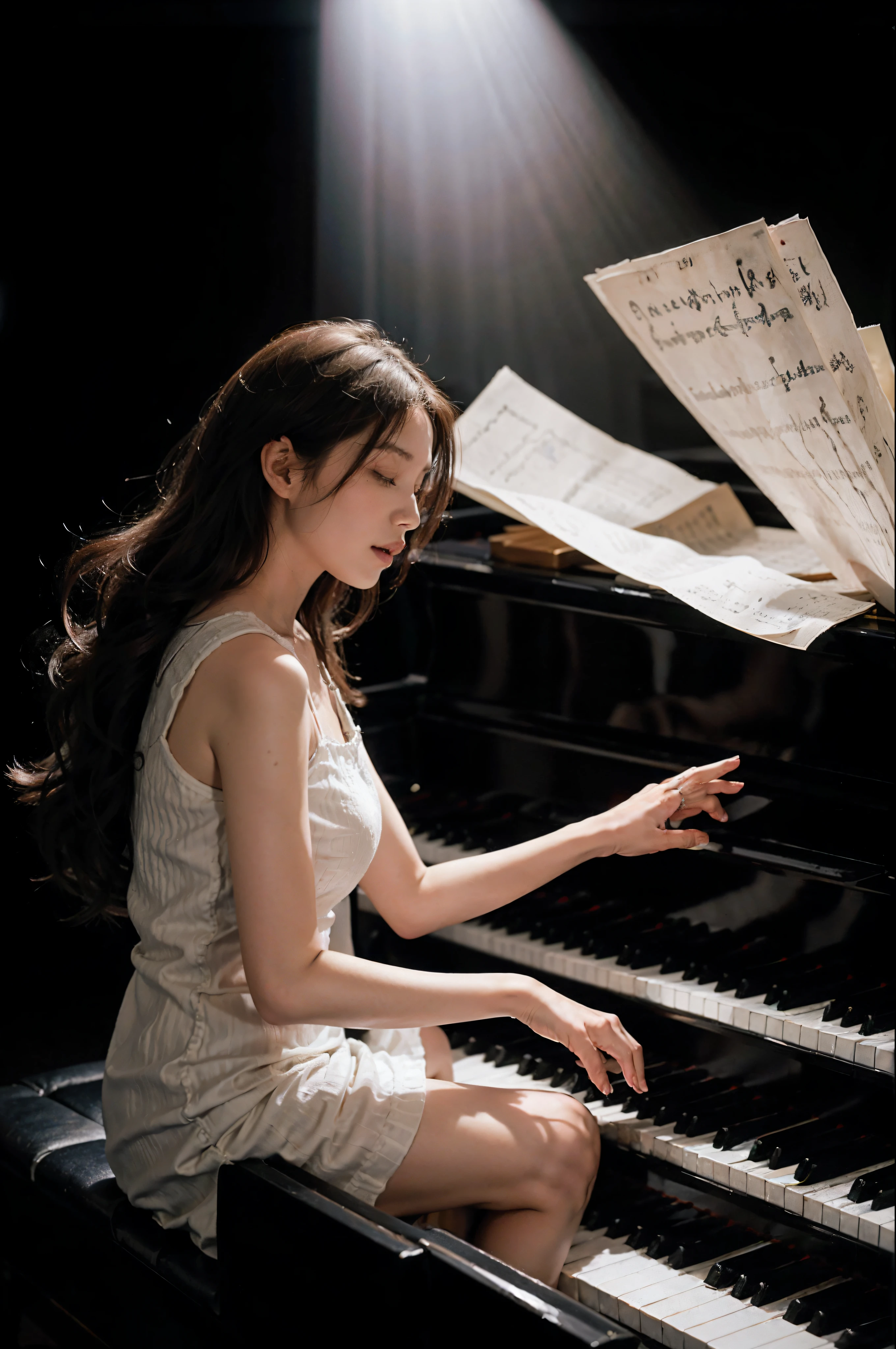 (masutepiece:1.3),(Best Quality:1.2),8K,absurderes,Unity 8K Wall Papper,(Extremely detailed:1.3),highest grade,
1girl in,White Wedding Dresses,(playing piano:1.2),Sitting,Chair,(charmed:1.3),Realistic,Dim light,llight rays,a perf,(god rays:1.1),(floating:1.3),score,(floating long hair:1.2),Closed eyes,bblurry,Floating clothes,From Side,a grand piano,