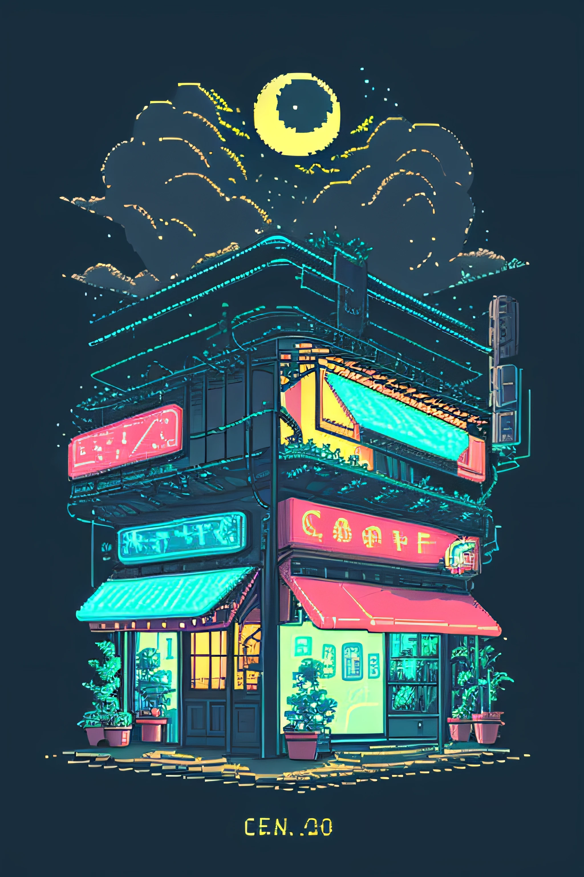 keine Menschen, draußen, Himmel, Nacht, Mond, Anlage, Gebäude, Stern (Himmel), Nacht Himmel, Landschaft, Stadt, Zeichen, potted Anlage, Weitwinkelaufnahme, crescent Mond, Neonlichter, pixel art, pixel