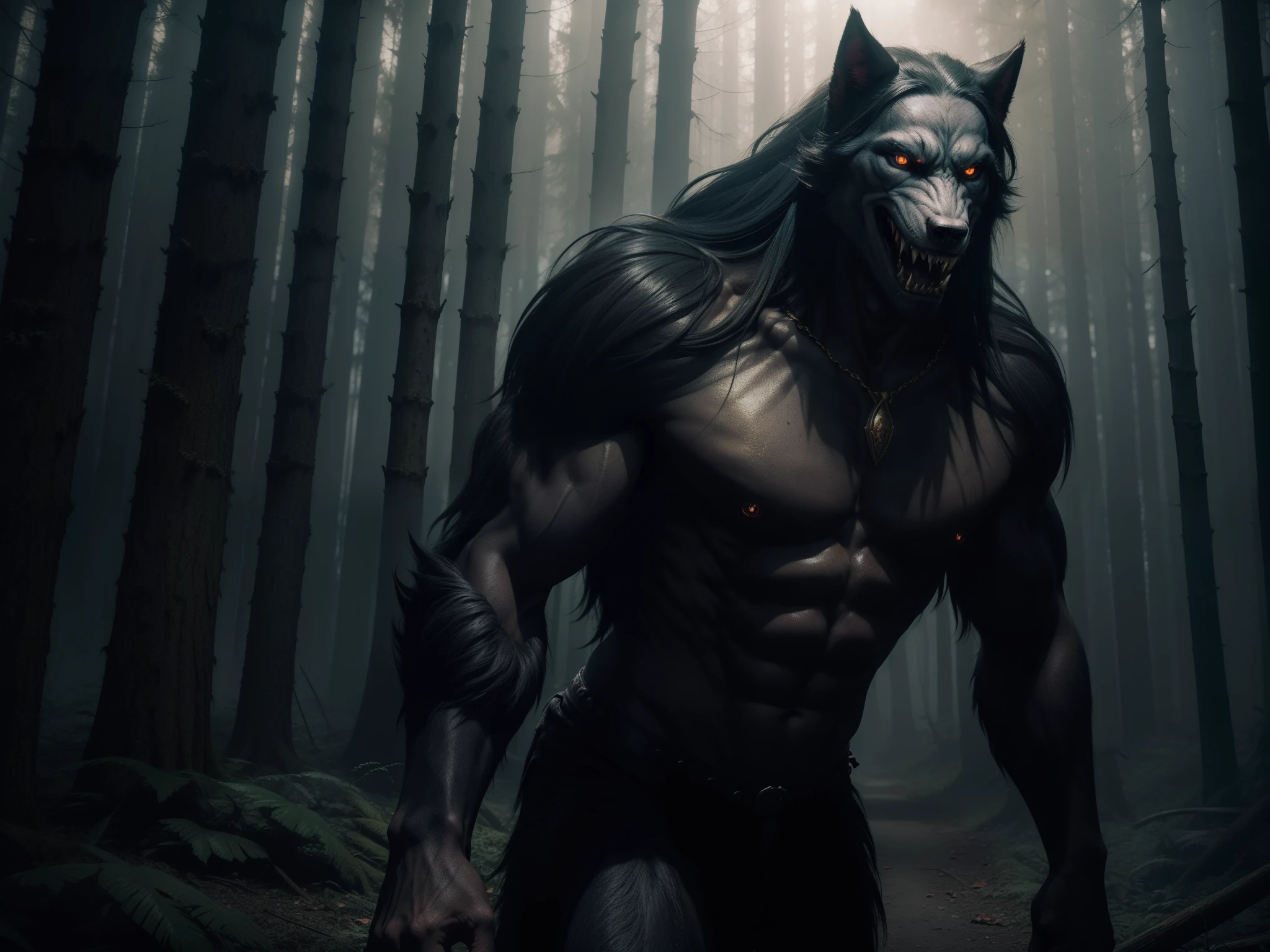 A man in a werewolf costume standing in a forest - SeaArt AI