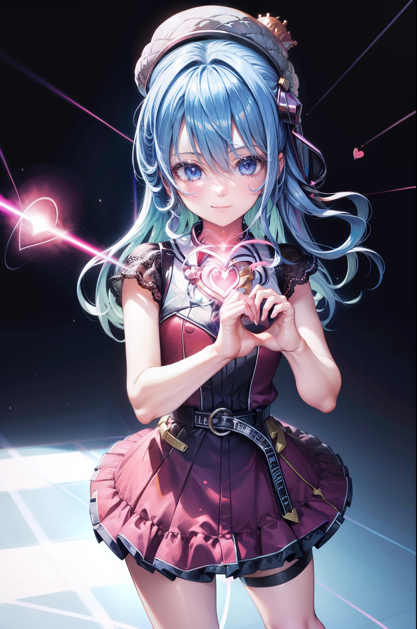 absurdres, highres BREAK one girl shooting wide (laser:1.2) in shape of heart at viewer, (heart shaped hands:1.3), Pink (magical girl) costume, smile, happy, (fractal:1.2) (laser rays of light shape of heart:1.2) effect, growing heart, (ripple) BREAK Lovely and cute background BREAK