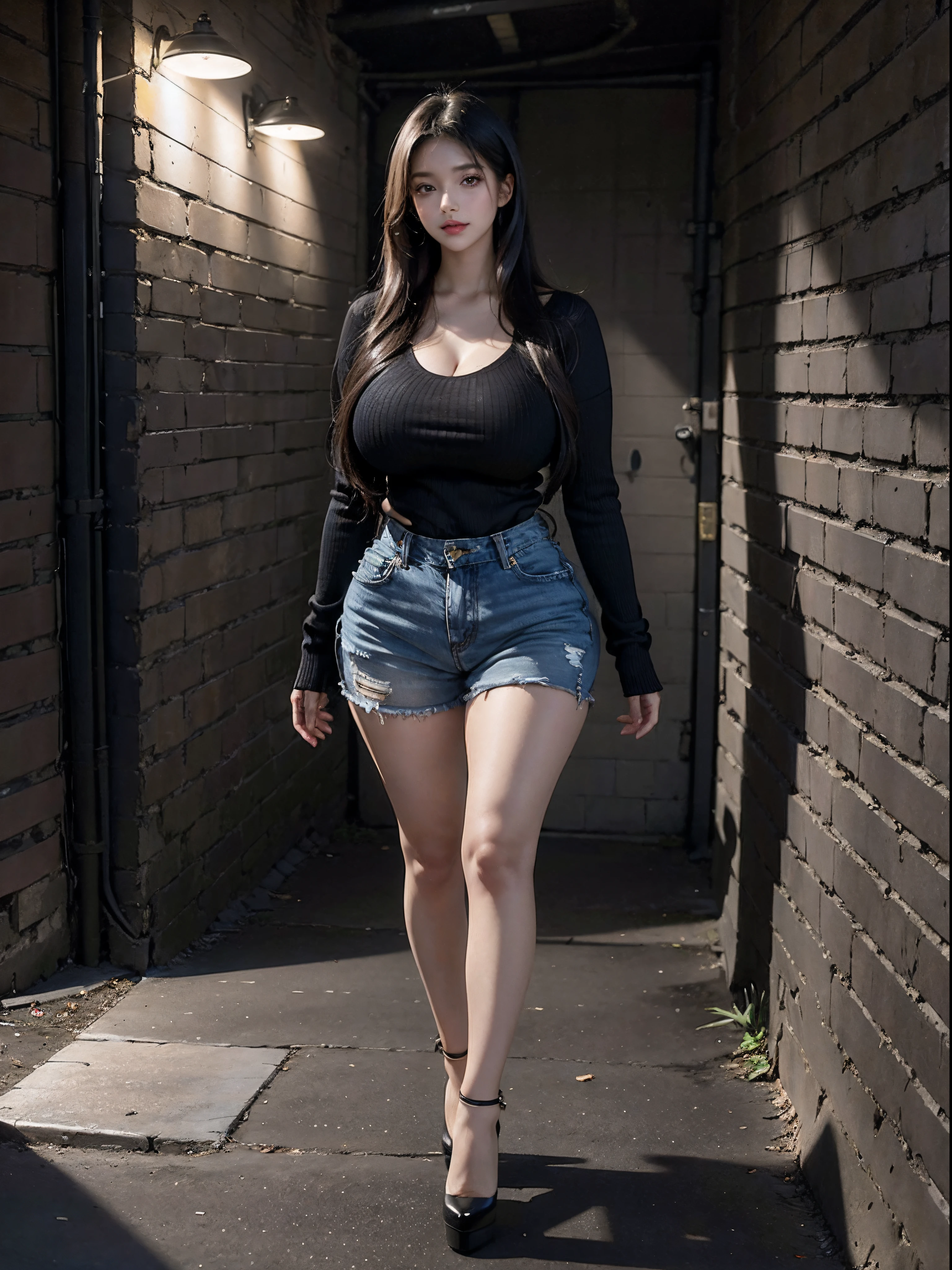 Araffe woman in black top and denim shorts walking down a street - SeaArt AI