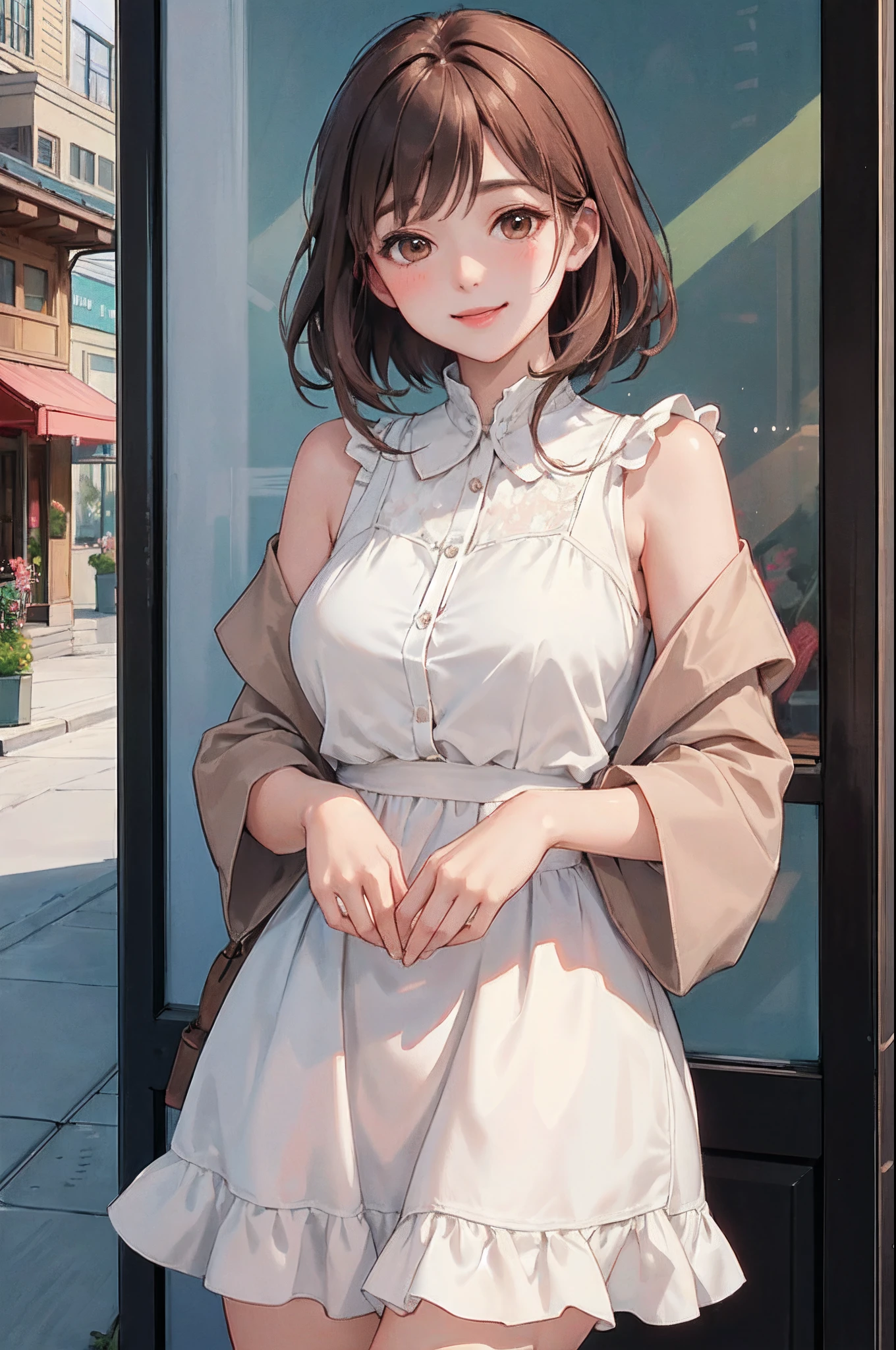 main street outdoors, 1lady solo mature female, /(brown medium hair/), edgAsianc wearing edgAsianc, blush kind smile, (masterpiece best quality:1.3) delicate illustration ultra-detailed highres, large breasts