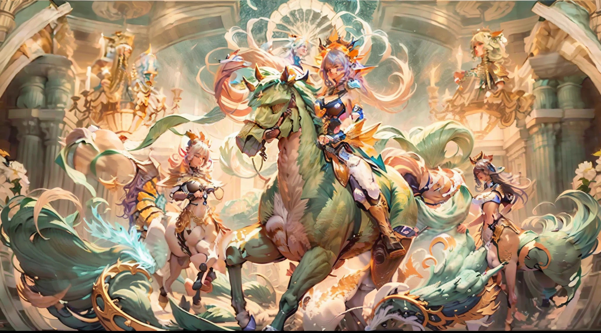 In the beautiful illustration of this super-grand scene，The ultra-long-range lens is shown（Over eight unique centaur characters：9.9），They all have their own characteristics，Vivid and interesting。Radiant angelic centaurs from the heavenly realm，To the hellish centaurs surrounded by nightmarish flames，And then to the Wind Fairy Centaur dancing in the air，There are also one-horned centaurs surrounded by thunder and lightning，and mechanical centaurs that shine with metallic light，And then to the powerful dragon centaur with colored dragon scales covering the whole body，The elegant and agile elf centaur always wears a flower crown with its slender graceful lines，Enchanting and charming Tiflin centaurs。Each character has their own unique charms and abilities。The illustration uses advanced artistic techniques and tools，（Divide the scene into sections by geometric arrangement：9.9），Each section corresponds to a centaur character，This makes more efficient use of space。Through Midjourney's advanced brush tools、Color palette、Material packs and model packs，For each centaur, beautiful props are designed to increase racial characteristics、Clothing and physical features，Enhances the character's personality and visual appeal。The scenery in the illustrations is stunning，There are changing skies、rainbowing、extreme light、Stars and Moon。Incorporating iconic landmarks such as Mount Everest，and fireworks、tranquil lake、Natural and urban elements of waves and neon lights，Creates a magical atmosphere。The centaurs display their unique abilities and equipment in a variety of environments，This is true even in extreme alien landscapes。（Use Midjourney's toolaterial packs、Texture tools、The color palette makes depicting details vivid and realistic：9.9），From complex hairstyles and as well as different racial traits、Body、Appearance features、Clothing to real textures，This greatly enhances the realism of the characters and surroundings。The fusion of multiple art styles adds movement to the centaur's