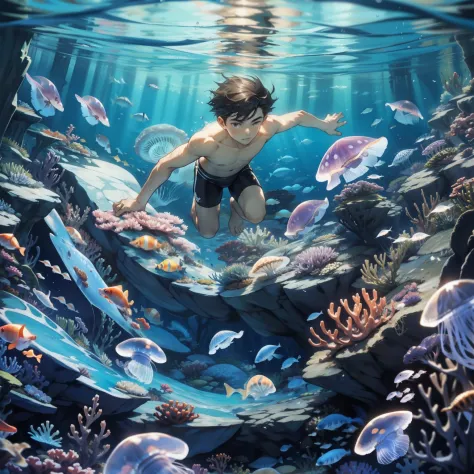 A boy swims at the bottom of the sea，jelly fish