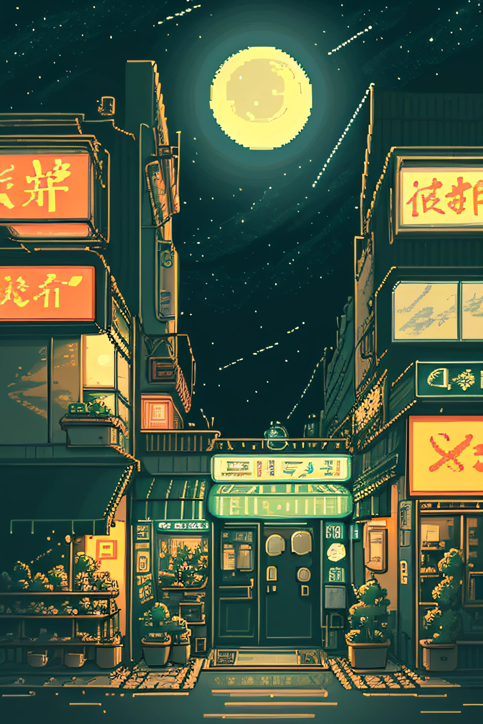 sem humanos, ao ar livre, céu, noite, lua, plantar, ramen shop, star (céu), noite céu, cenário, cidade, Sinal, vaso de plantaar, plano amplo, crescent lua, luzes de neon, arte de pixel, pixel