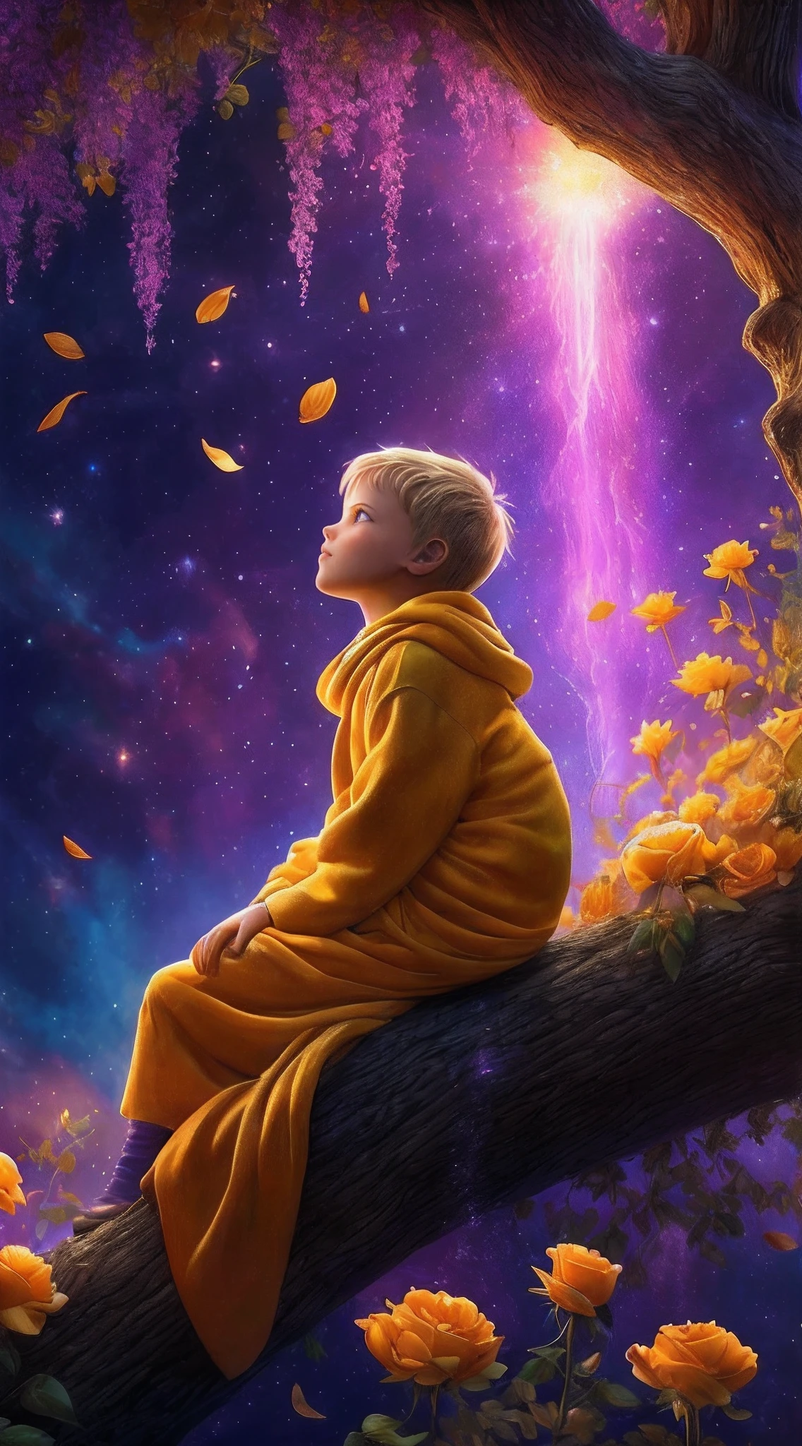 Close up, expansive landscape photograph , (a view from below that shows sky above and open field below), a little 9 years old blond boy with long sweatshirt and yellow scarf sitting on a trunk in yellow Peony flower garden looking up, ( comet:0.9), (nebula:1.2), distant Wetland, tree of life, BREAK production art, (warm light source:1.2), lamp, lot of purple and orange, intricate details, volumetric lighting, realism BREAK (masterpiece:1.2), (best quality), 4k, ultra-detailed, (dynamic composition:1.3), highly detailed, colorful details,( iridescent colors:1.2), (glowing lighting, atmospheric lighting), dreamy, magical, (solo:1.2), magical beautiful waterfall