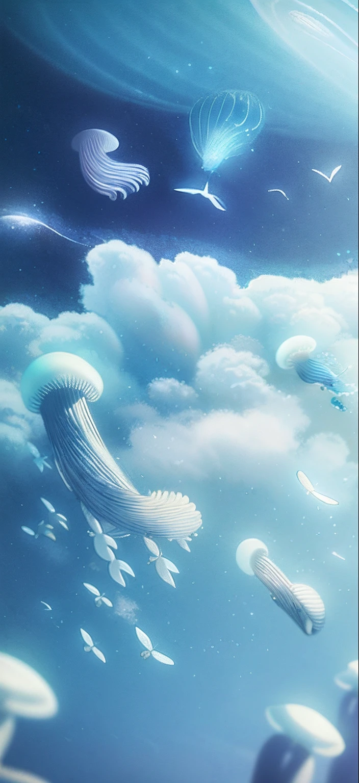 There are many lovely jellyfish floating in the sea，Lots of fish, sky whales, dreamlike illustration, blurry and dreamy illustration, blurry and dreamy illustration, A beautiful artwork illustration, flying whale, fantasy puffy sky, DreamlikeArt, 4 k hd illustrative wallpaper, background artwork, dreamlike digital painting, Atmospheric fantasy sky, amazing wallpapers, arte de fundo, Anime background art