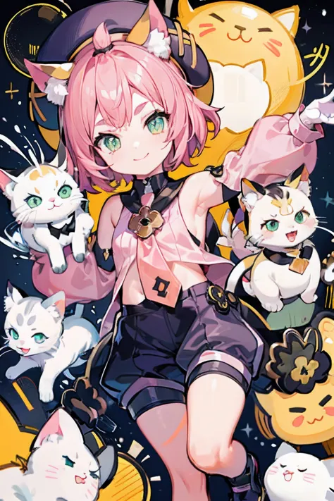 young child catgirl, short pink hair, yellow collar with a tie, white shirt with detached sleeves, black beret hat, black shorts, cat ears, smiling, surrounded by cats, cats and kittens, cute animas, ((cats))
