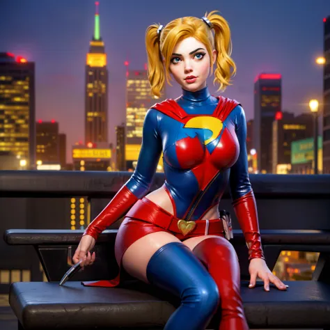 super girl merge with harley quinn, sexy, sitting on bench, metropolitan background, sexy, alluring, sensual, multiple limbs