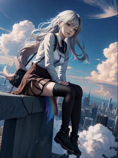 Anime girl sitting city wolf on rainbow cloud background, style of anime4 K, 4K anime wallpaper, Anime epic artwork, Anime Cloud...