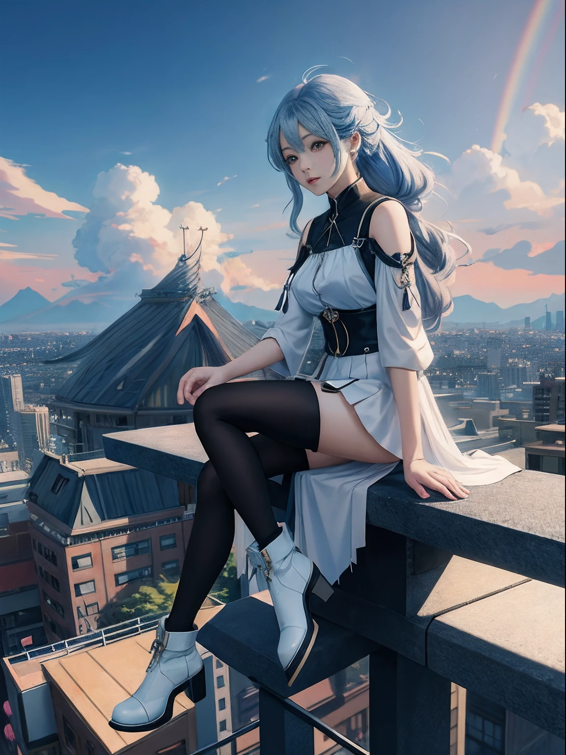 Anime girl sitting city wolf on rainbow cloud background, style of anime4 K, 4K anime wallpaper, Anime epic artwork, Anime Cloud, Anime wallpaper 4 k, Anime wallpaper 4K, Anime Sky, Anime art wallpaper 4k, Anime art wallpaper 4k, hd anime wallaper, Guweiz in Pixiv ArtStation，blackstockings