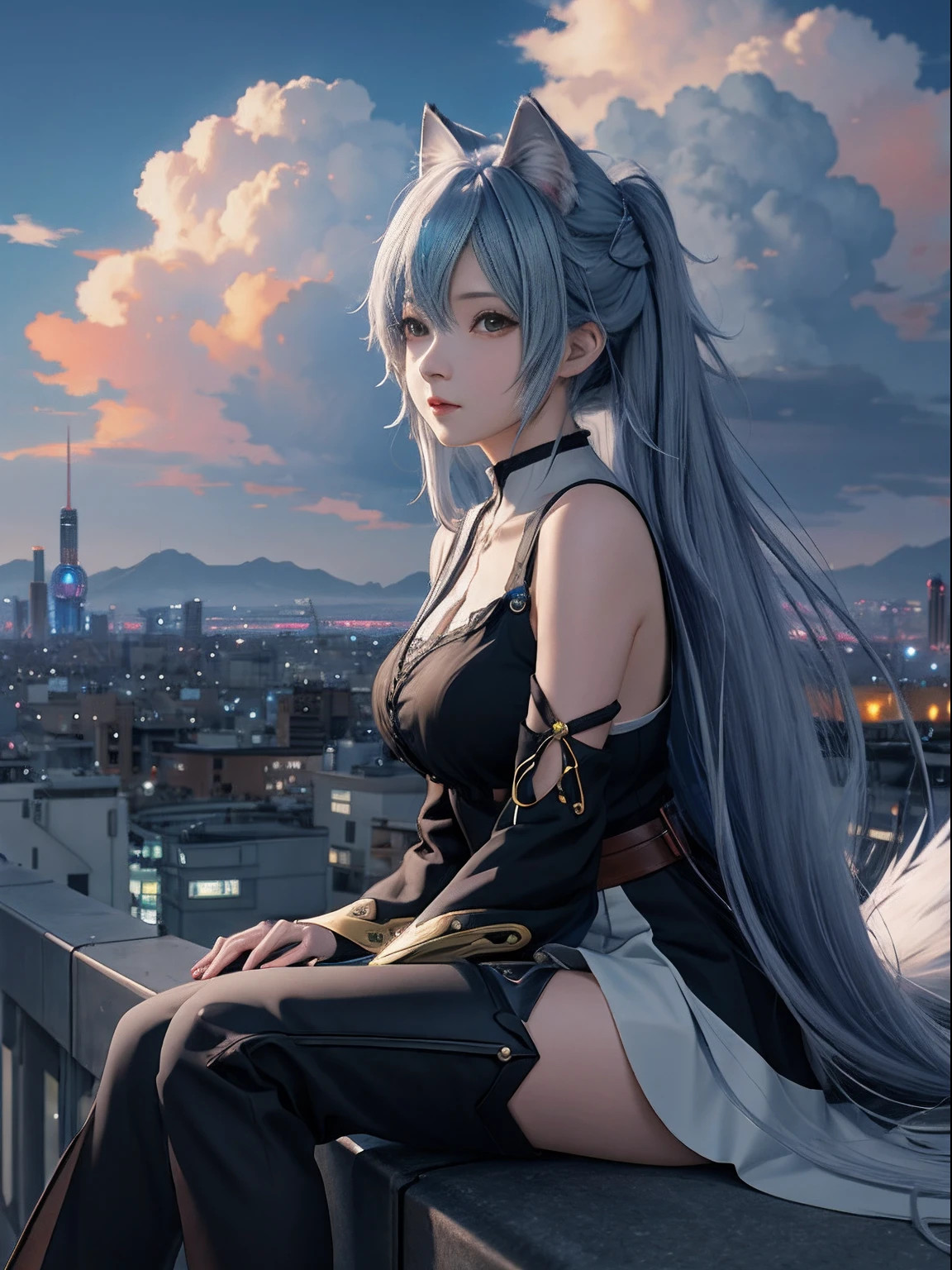 Anime girl sitting city wolf on rainbow cloud background, style of anime4 K, 4K anime wallpaper, Anime epic artwork, Anime Cloud, Anime wallpaper 4 k, Anime wallpaper 4K, Anime Sky, Anime art wallpaper 4k, Anime art wallpaper 4k, hd anime wallaper, Guweiz in Pixiv ArtStation，blackstockings