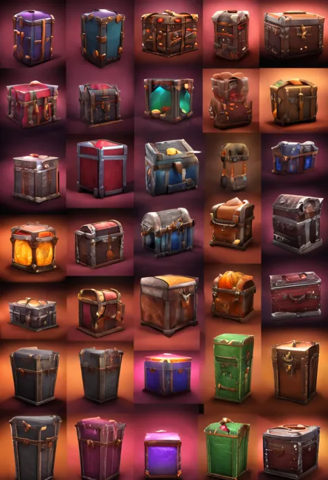 Three complete game chests game icons, first-person view, perspective, chiaroscuro, sparkle, reflection light, ray tracing, drop shadow, stereogram, high quality, best quality, textured skin
