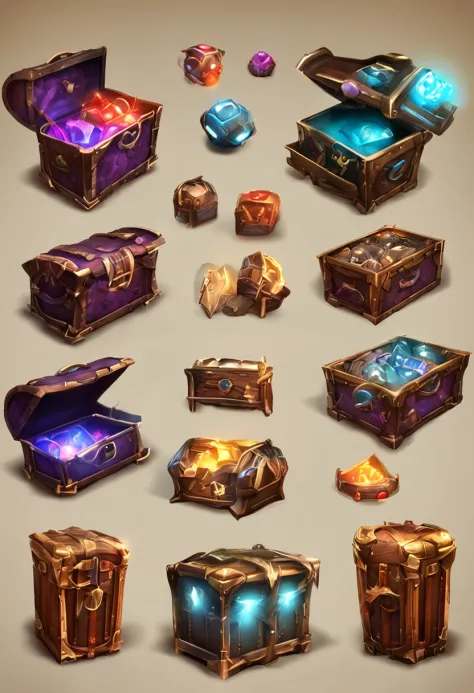 Three complete game chests game icons, first-person view, perspective, chiaroscuro, sparkle, reflection light, ray tracing, drop shadow, stereogram, high quality, best quality, textured skin