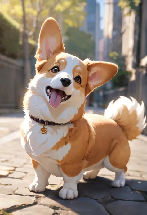 "Generate Ultra HD images，Catch a Pembroke Welsh Corgi in a chic way, sitted. Use advanced macro photography techniques to highlight the intricate details of your dog's fur, Erect ears, and expressive eyes and tongue partially sticking out. Place the camer...