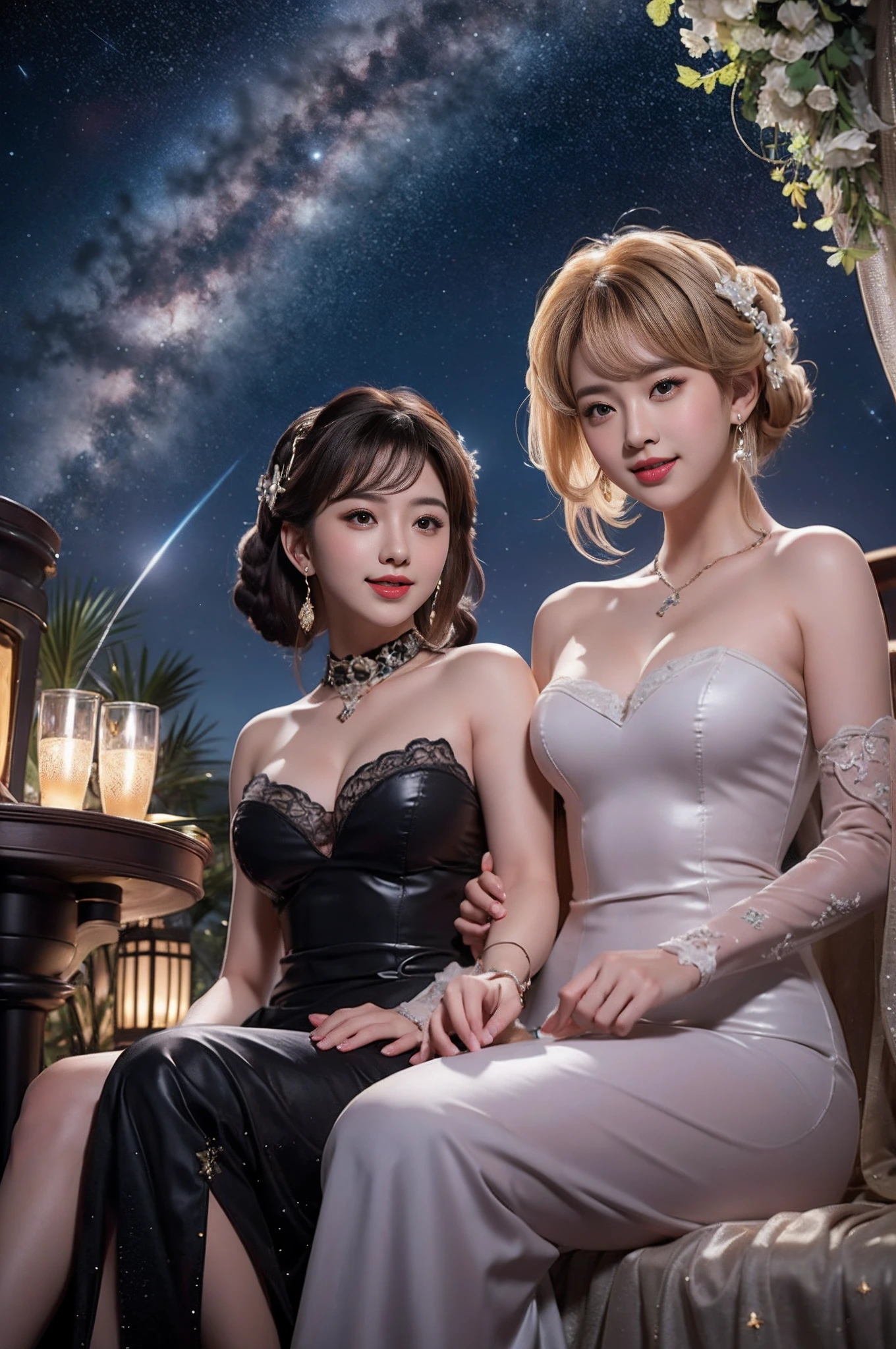 Smiling,Face focus, Meteor shower in the starry sky, a couple of lesbians sitting together looking at the stars,lewd,leering:1.3, Planets explosding,Masterpiece, Best quality, intricately details, absurderes,,(ulzzang-6500-v1.1,pureeroface_v1,octane rendering)