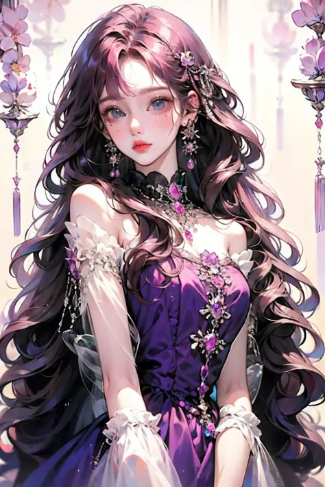 Anime girl sit posing for photo with long purple hair and earrings, an anime drawing inspired by Yanjun Cheng, Pisif, Fantasy art, purple flowing hair, Long curly purple hair, Guviz, a beautiful anime portrait, Guviz-style artwork, in the art style of bowa...