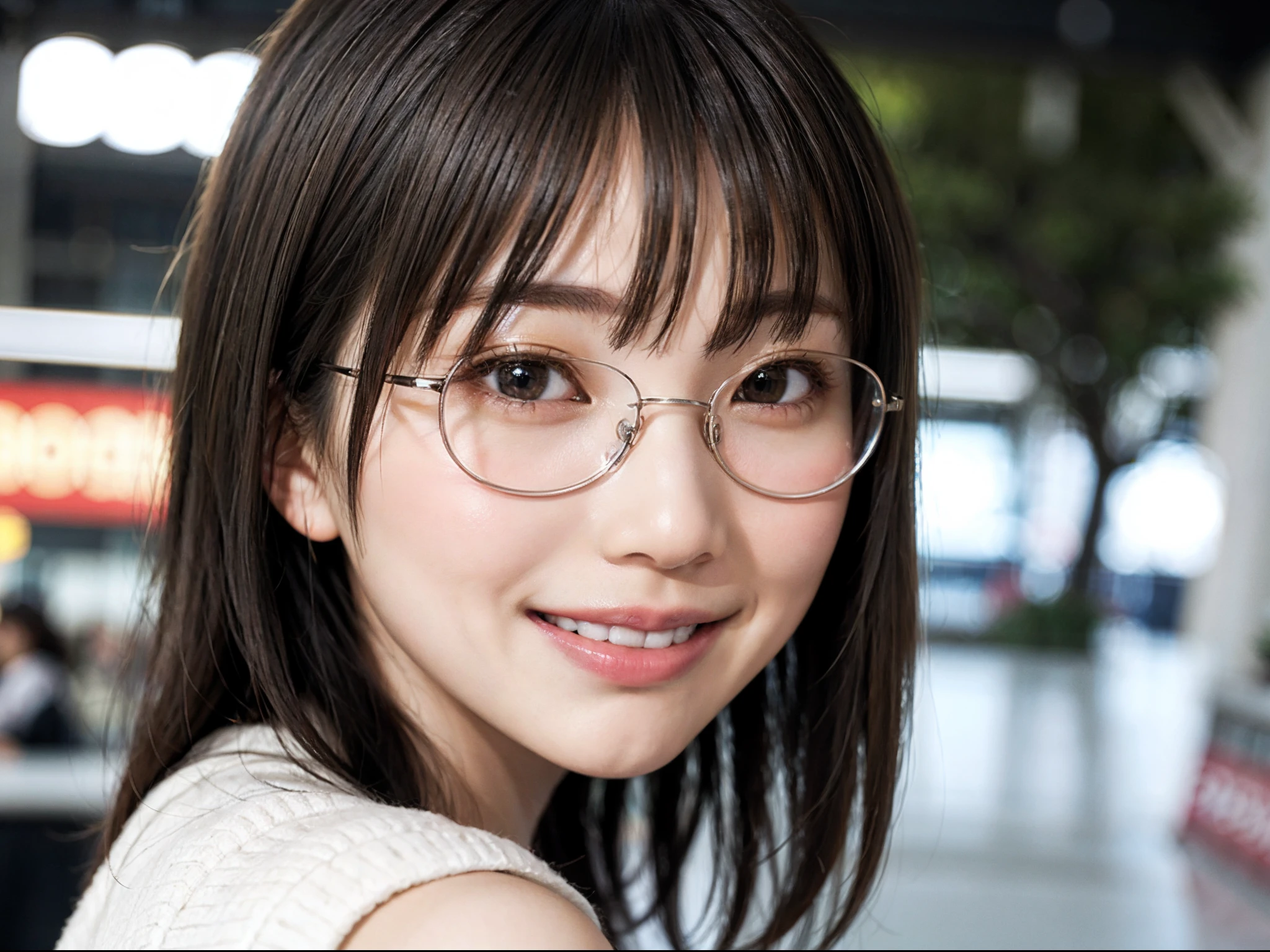 Japan girl in casual clothes in a shopping mall, looking at the viewer, posing with a smile (highest quality, masterpiece))), high resolution, very detailed, masterpiece, cinematic lighting, (8K, highest quality, masterpiece: 1.2), (realistic, photorealistic: 1.37) Hi-Res, Super Detail, 1 Girl, Woman with Glasses, Thin Frame Round Glasses, Light Colored Glasses Frame, asian, cute, cute face, solo, short hair 1.2, textured skin, beautiful smile, beautiful detailed sky, detailed café, night, movie lighting, depth of field, lens flare light, sitting, dating, (blushing), (smile: 1.15), small breasts (mouth closed), eyes with beautiful details, (short hair: 1.2), floating hair Nova Frog style,