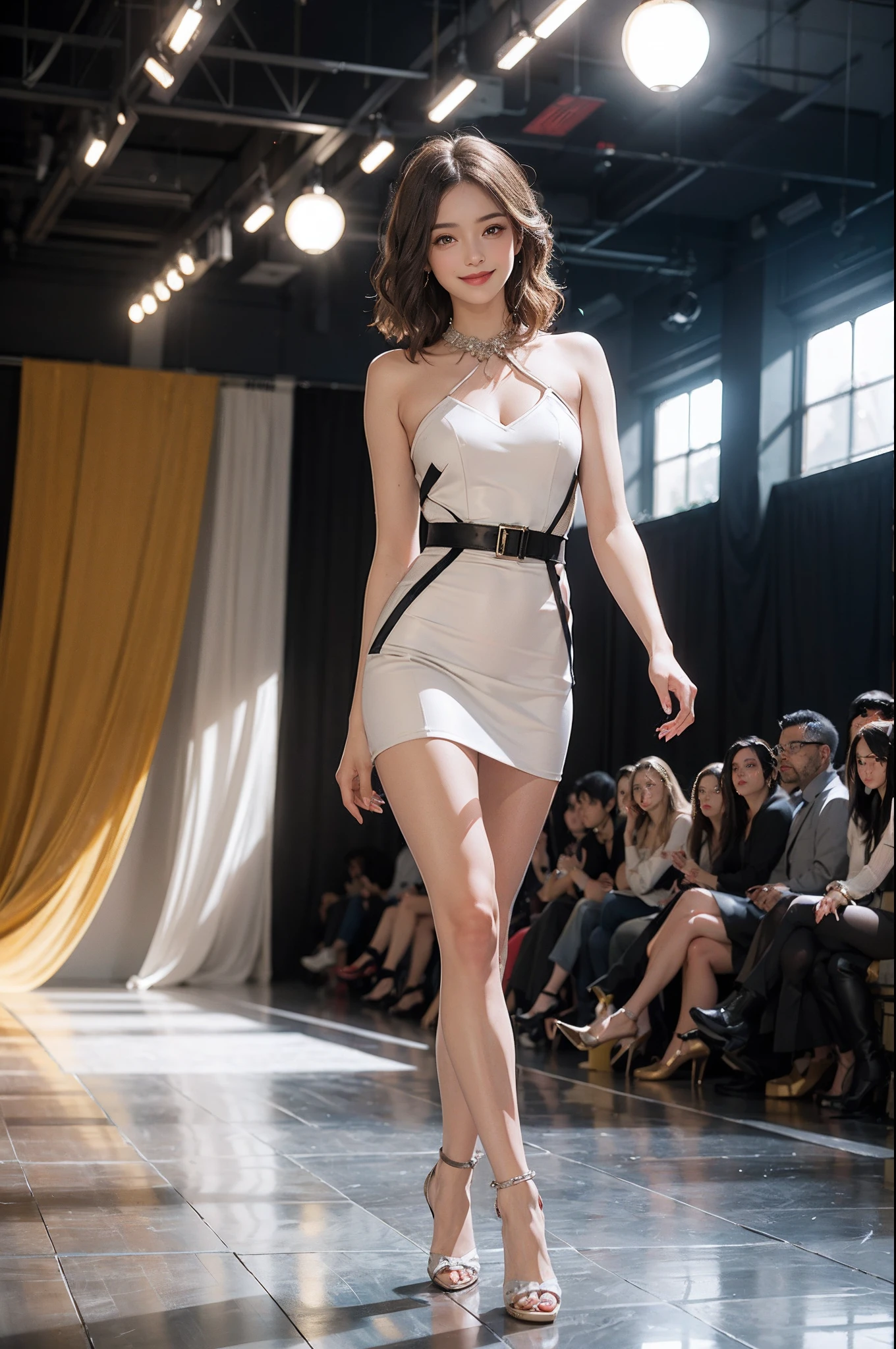 1girl in, (Smile:1.6) ,stunningly beautiful girl, Haute_Couture, designer dress, high-heels,high fashion,  High Brand,Famous fashion shows, (Indoor runway:1.4),Long shaped face, beautiful countenance, darkred eyes, Sandy Blonde Side Sweep Hair, Short hair, Long ringlet, catwalk,Red carpet,Colorful confetti, Vivid colors, masutepiece, Best Quality, absurderes, Highest Quality, Amazing details, 8K, Aesthetic,Perfect Lighting,Look at viewers,(dynamic ungle:1.2),Large stage