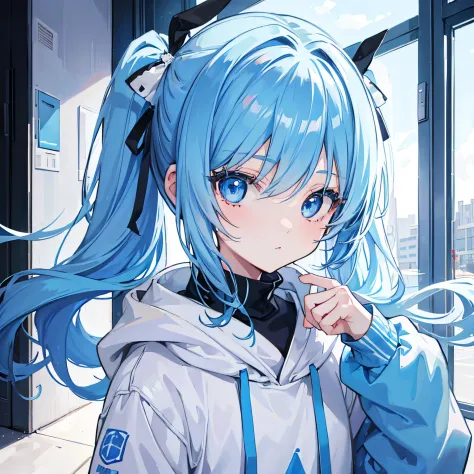 1girl, with light blue twintails hair and blue eyes, wearing a hair ribbon and a blue and white hoodie. The scene is set in winter, with the girl looking directly at the viewer. This image can be used as a profile picture.