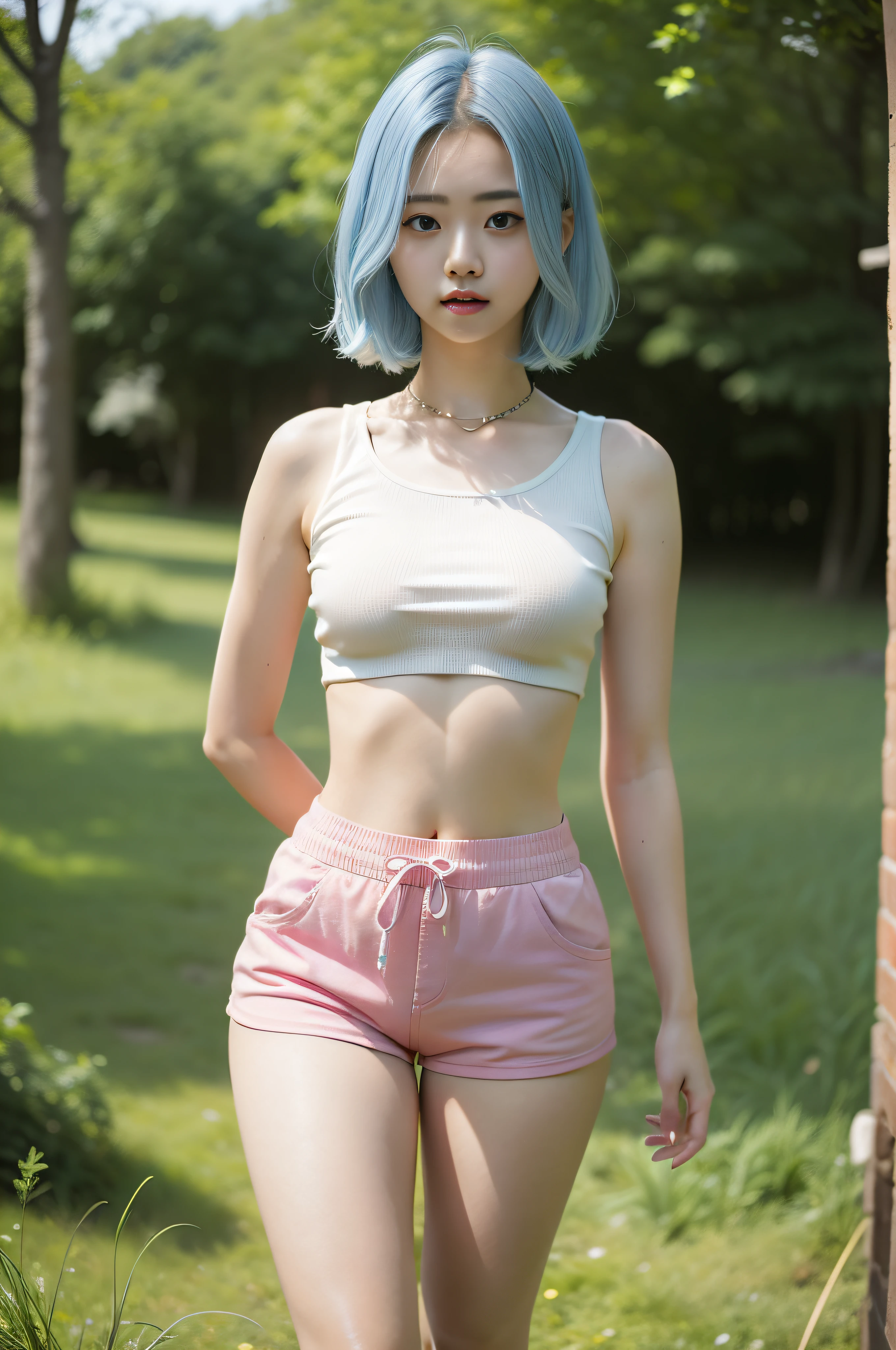 Araffe asian woman with blue hair and pink shorts posing for a picture -  SeaArt AI