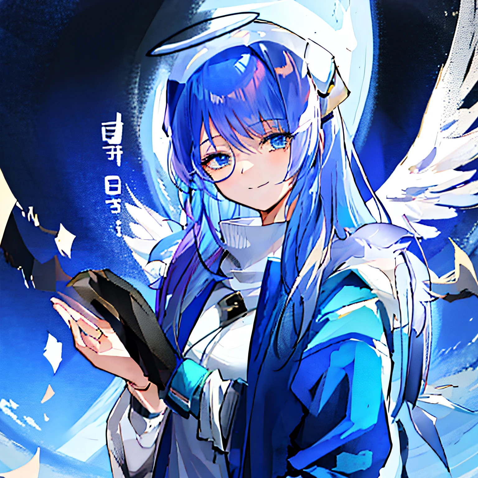 Anime girl with blue hair and angel wings holding a book - SeaArt AI