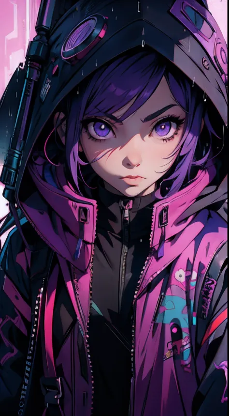 anime girl with purple hair and hoodie in the rain, cyberpunk anime girl in hoodie, artwork in the style of guweiz, digital cybe...