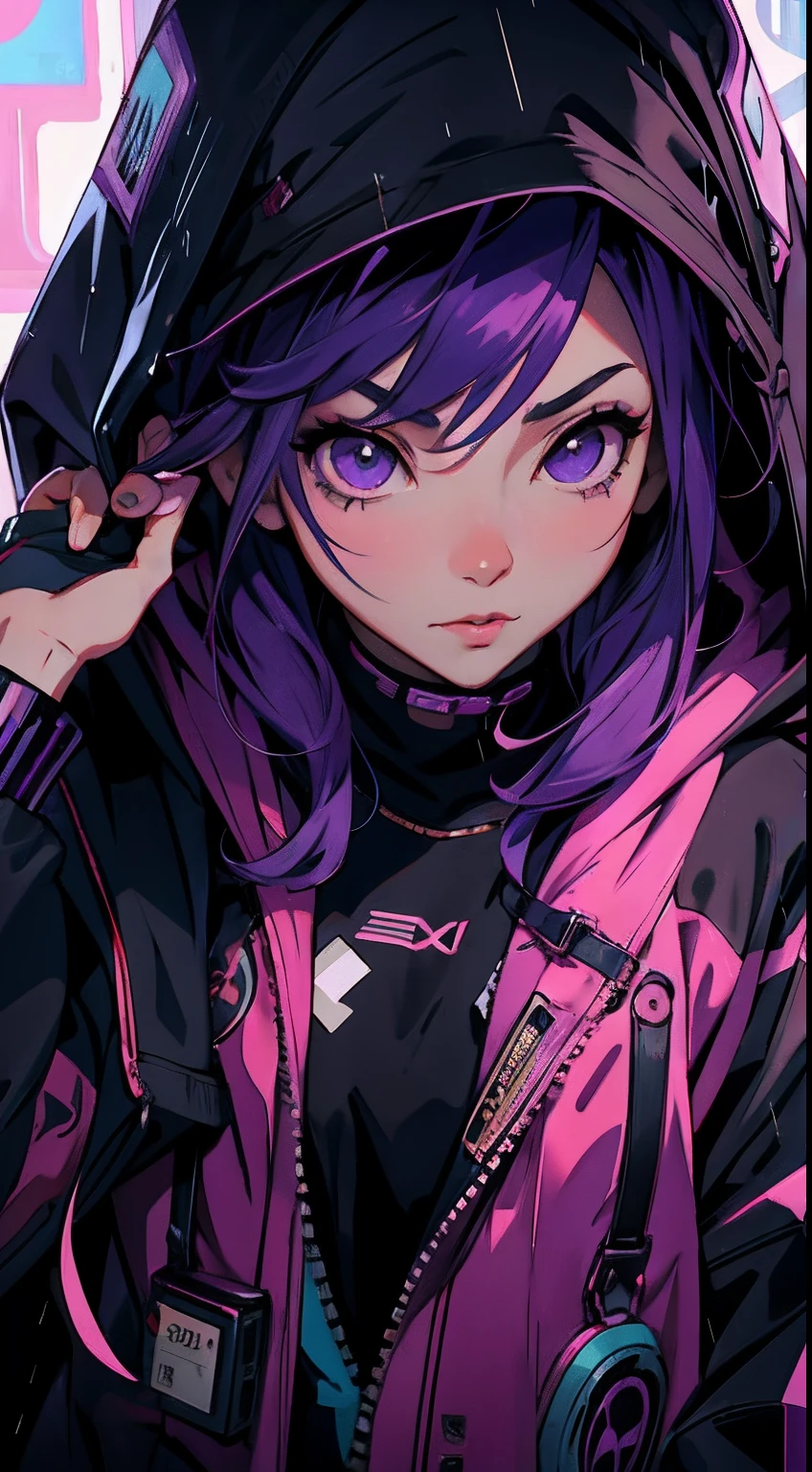 anime girl with purple hair and hoodie in the rain, cyberpunk anime girl in hoodie, artwork in the style of guweiz, digital cyberpunk anime art, anime cyberpunk art, cyberpunk anime girl, female cyberpunk anime girl, cyberpunk art style, cyberpunk anime art, digital cyberpunk - anime art, modern cyberpunk anime, rossdraws 2. 0, dreamy cyberpunk girl, anime cyberpunk