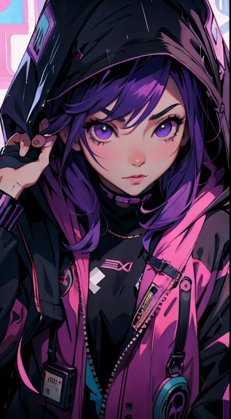 anime girl with purple hair and hoodie in the rain, cyberpunk anime girl in hoodie, artwork in the style of guweiz, digital cybe...
