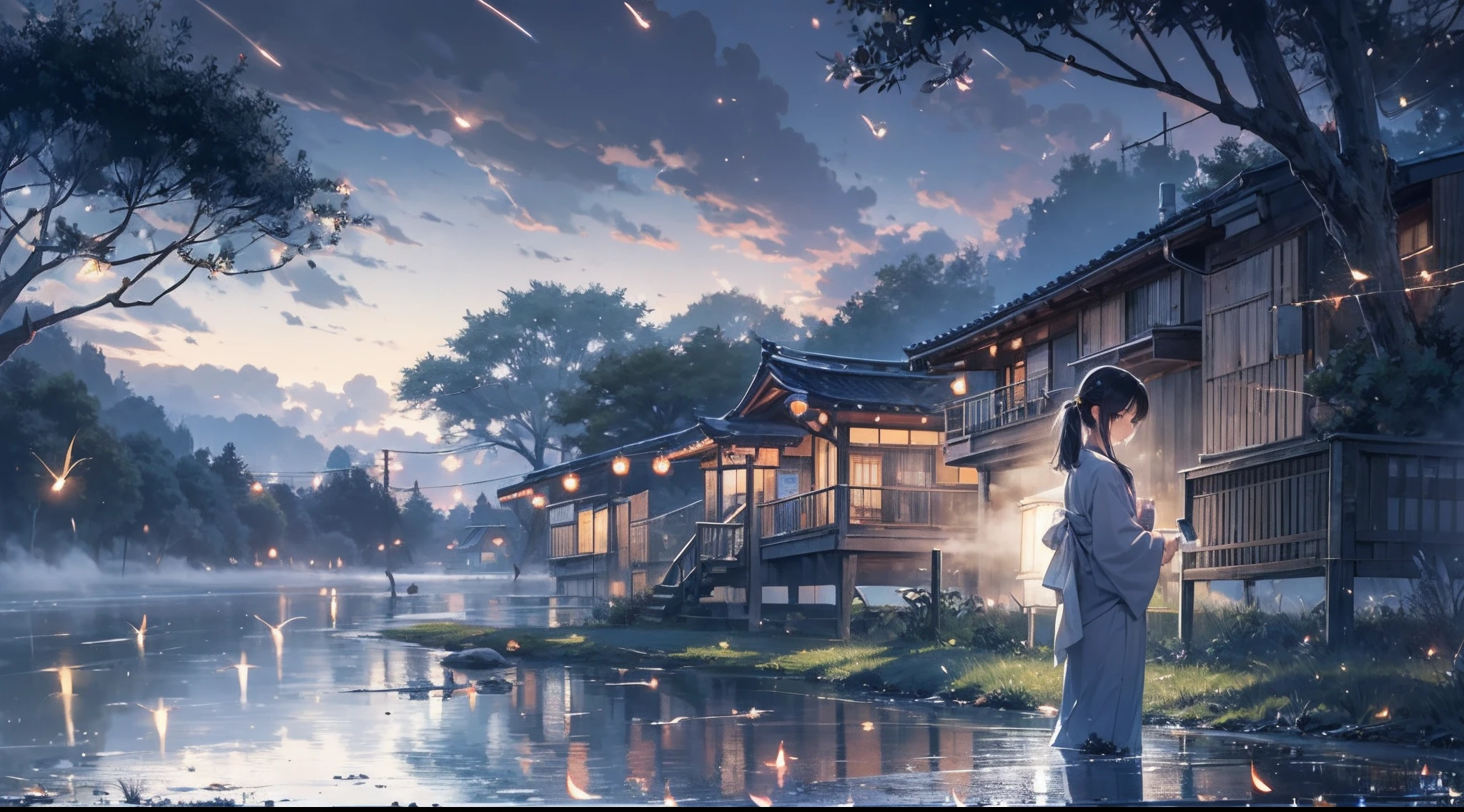 Masterpiece, illusion, Highest Quality, natta, Cloudy night, Oborotsuki, ((Fireflies)), ((countryside)), (countryside), River surface, Adult woman wearing a yukata, Heavy evening fog, Flowing evening fog, dry ice, thick fog, confession, regret, loneliness, Long black hair, Hair luster, after the rain, Whole body, Overhead, Sync Lantern, sorrow, separation, reminiscence, thought