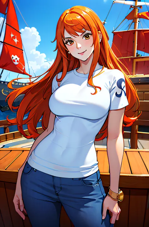 (((masterpiece+best quality+high resolution+ultra-detailed))), 1girl with clima-tact, Nami, long silky orange hair, high nose, s...