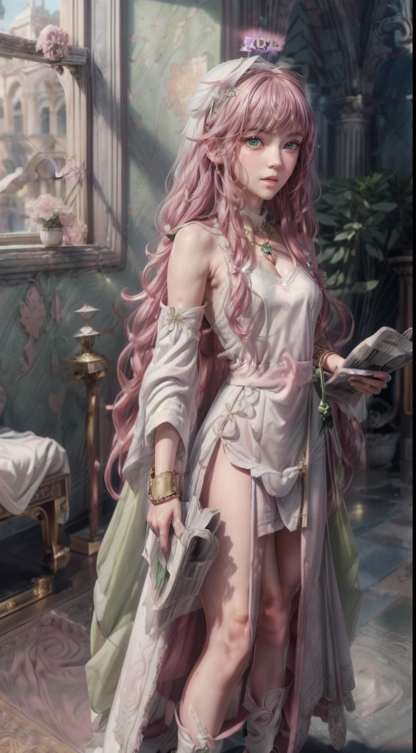 masterpiece, Highly detailed, super realistic, detailed background, bright Lighting, Daylight, beautiful face, beautiful eyes,
 medieval style, 4k, 8k, 1girl, solo, 
(14-years-old magical princess:1.2), (pretty face),(pink-wavy-hair and green-eyes:1.5),
wearing (White Archbishop's ceremonial long dress:1.5), (Golden bracelet), (tube top), (Necklace), (Jewelry), (slender:1.5),
 (small breasts), (pretty face), (loli), (looking away),(Roman sandals:1.5),
(in the Royal Palace Living Room),(Standing up and reading the newspaper:1.5),
(surprised),(Open mouth),