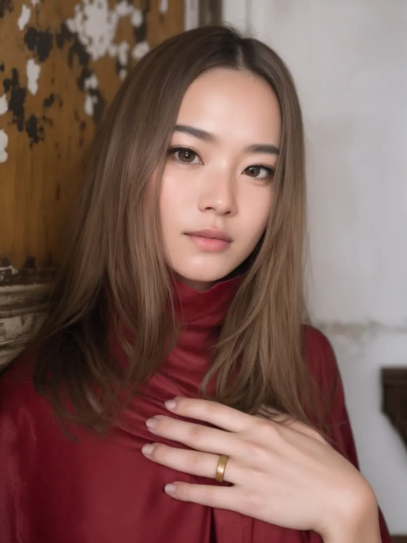 photo raw, dark theme, decrepit living room, an old sofa, oriental, chinese, red, low key light, futuristic, satin, red curtain,...