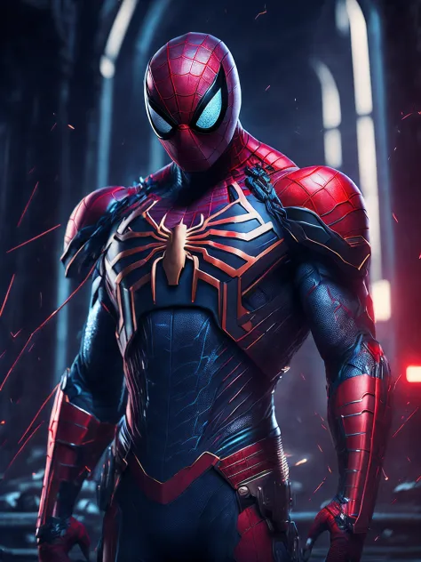 мрачный портрет Killer Spider-Man (The whole suit is covered in blood, Pieces of Suit Torn Clothes Sell) da Marvel, with intricate and angular cybernetic implants inside a brutalist building, Gothic brutalist cathedral, Cyberpunk, Foto premiada, Bokeh, neo...