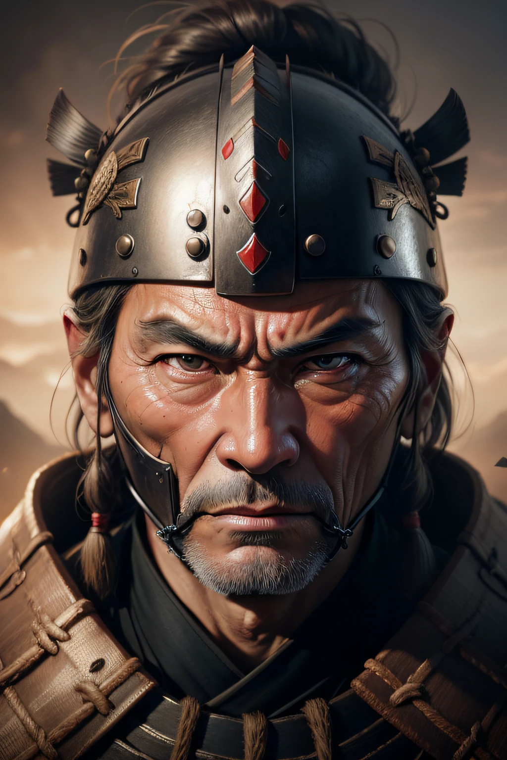 Realistic ultra HD close-up portrait，A samurai wearing a war mask, Wrinkles ,Facial expressions show strong emotions