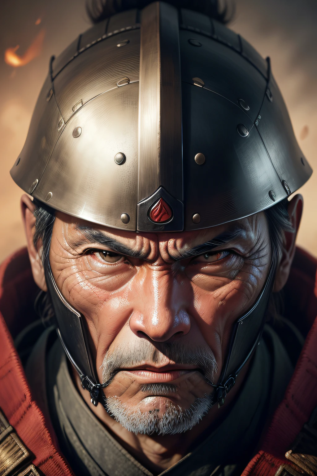 Realistic ultra HD close-up portrait，A samurai wearing a war mask, Wrinkles ,Facial expressions show strong emotions