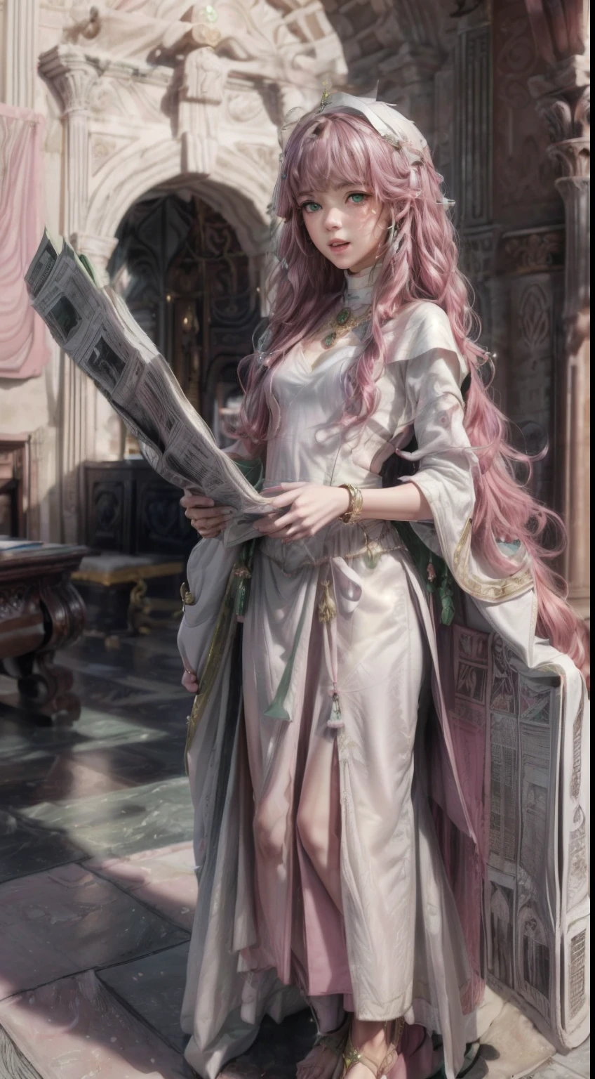 masterpiece, Highly detailed, super realistic, detailed background, bright Lighting, Daylight, beautiful face, beautiful eyes,
 medieval style, 4k, 8k, 1girl, solo, 
(14-years-old magical princess:1.2), (pretty face),(pink-wavy-hair and green-eyes:1.5),
wearing (White Archbishop's ceremonial long dress:1.5), (Golden bracelet), (tube top), (Necklace), (Jewelry), (slender:1.5),
 (small breasts), (pretty face), (loli), (looking away),(Roman sandals:1.5),
(in the Royal Palace Living Room),(Standing up and reading the newspaper:1.5),
(surprised),(Open mouth),