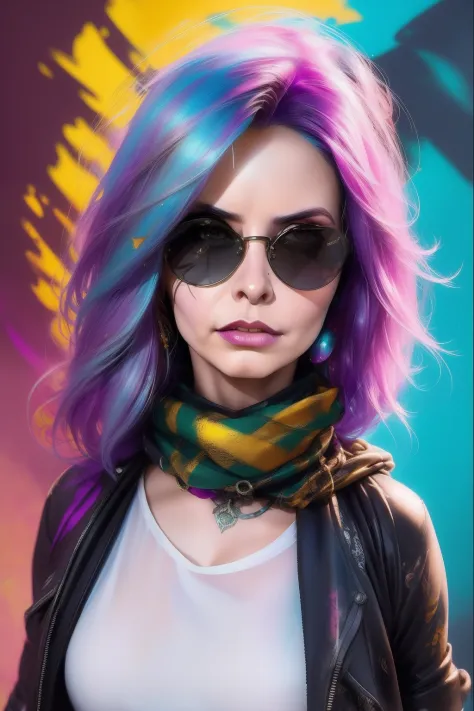 highly detailed portrait of a sewer emo punk lady student, see through tshirt, sunglasses, blue eyes, tartan scarf, white hair by atey ghailan, by greg rutkowski, by greg tocchini, by james gilleard, by joe fenton, by kaethe butcher, gradient yellow, black...