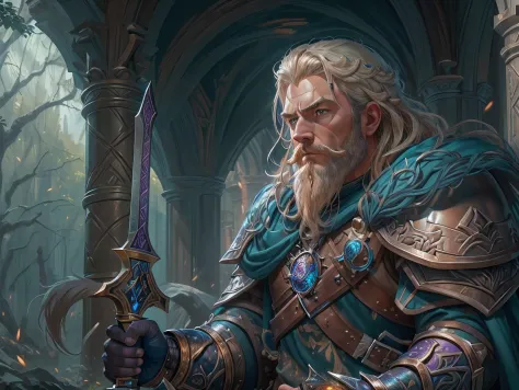 a picture of dwarf paladin of the crown protecting the palace, 1male dwarf, holy knight, protector of the crown, full body (best details, Masterpiece, best quality :1.5), blond hair, long hair, blond beard, full body (best details, Masterpiece, best qualit...
