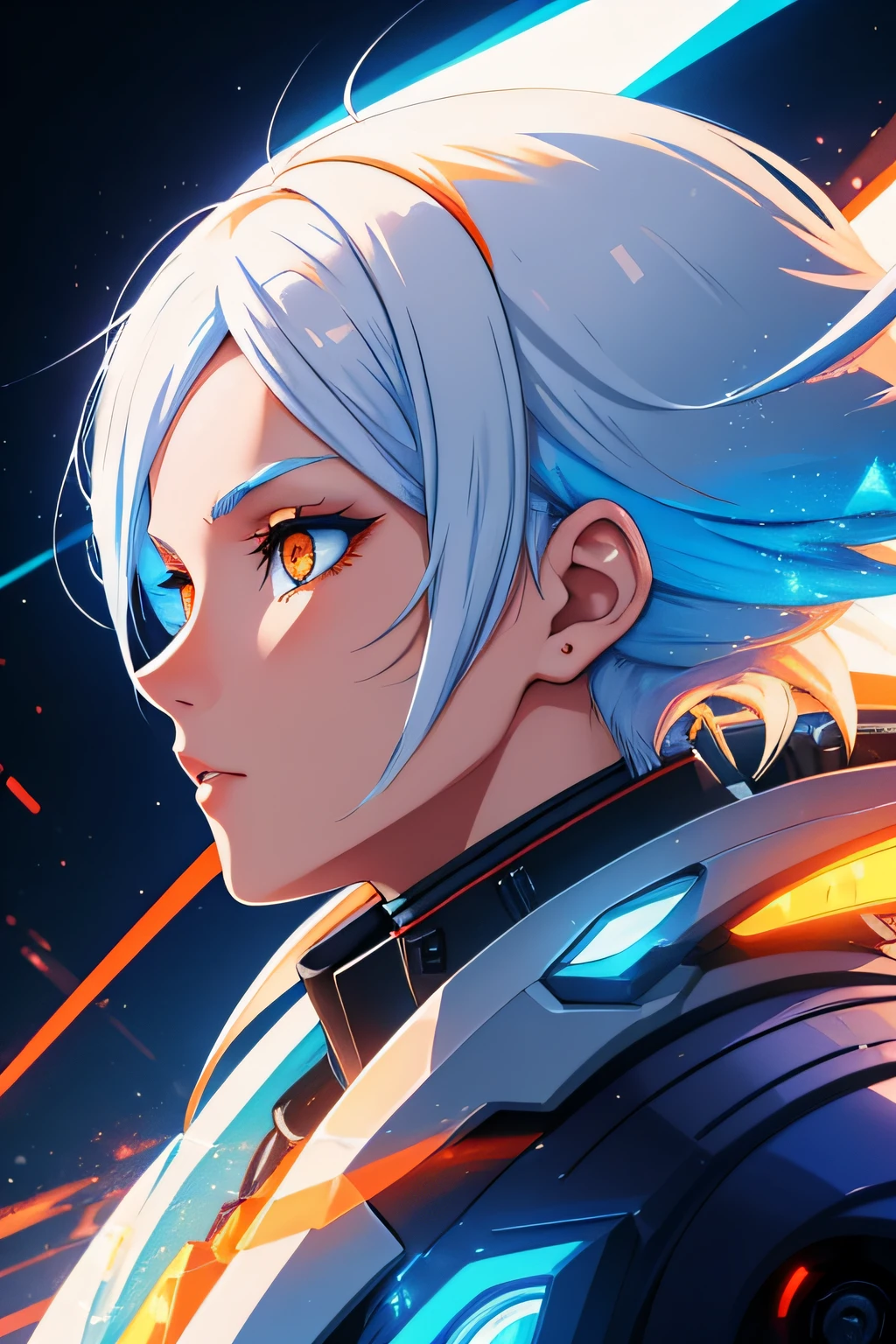 white hair, blue hair, orange hair, gradient hair, orange eyes, from side, profile picture, cyberpunk background, robotic, hair flowing over, volumetric lighting, light particles, sparkling eyes, dystopian, colorful