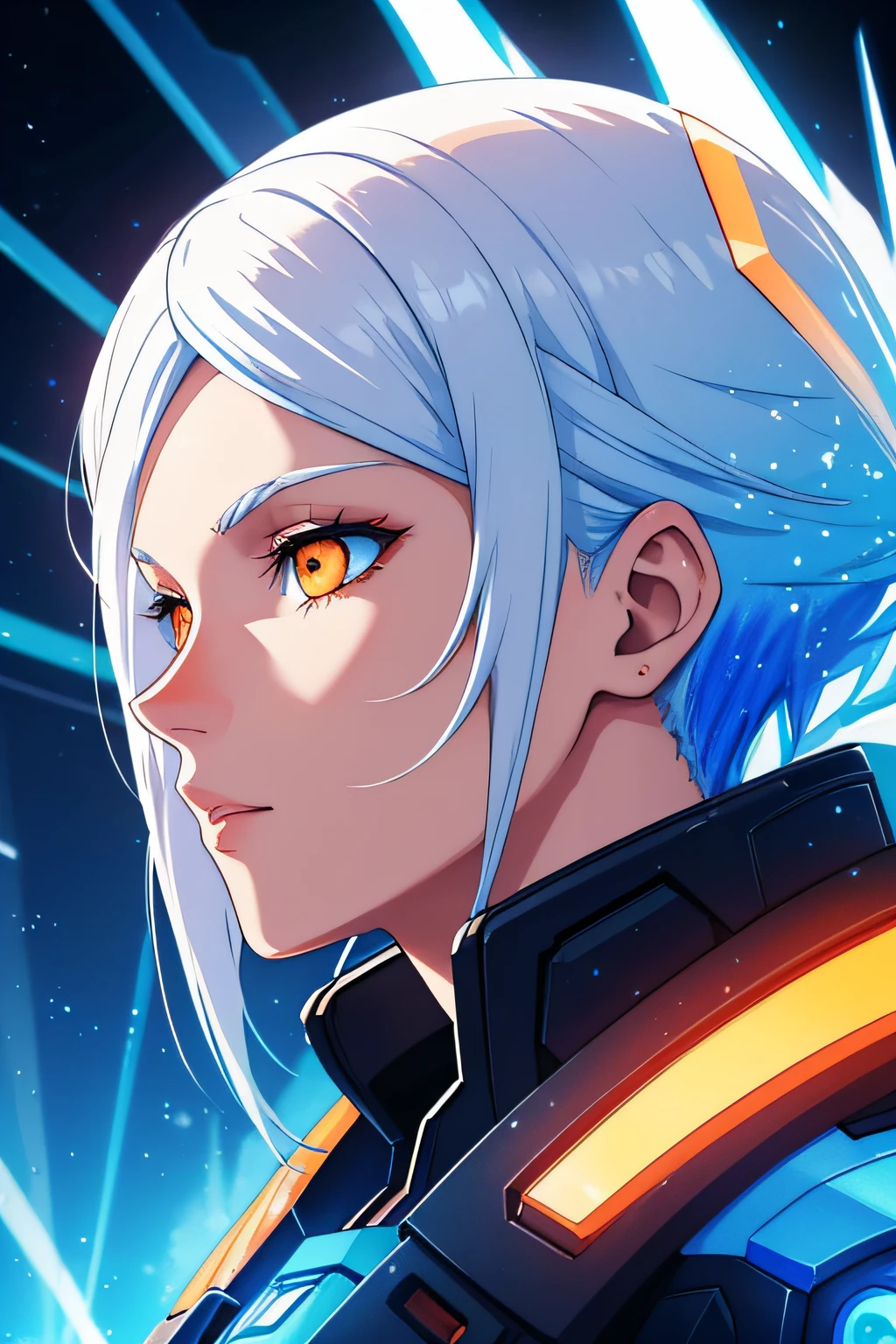 white hair, blue hair, orange hair, gradient hair, orange eyes, from side, profile picture, cyberpunk background, robotic, hair flowing over, volumetric lighting, light particles, sparkling eyes, dystopian, colorful