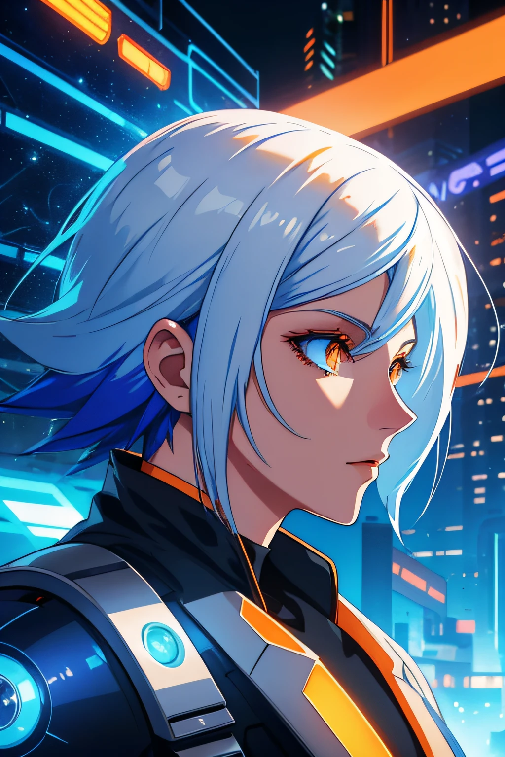 white hair, blue hair, orange hair, gradient hair, orange eyes, from side, profile picture, cyberpunk background, robotic, hair flowing over, volumetric lighting, light particles, sparkling eyes, dystopian, colorful