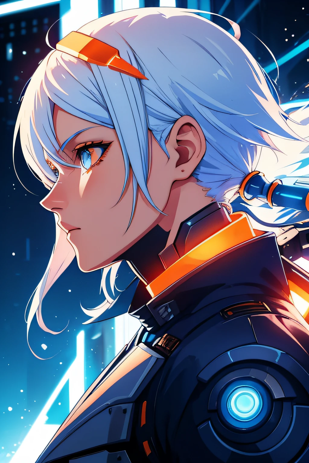 white hair, blue hair, orange hair, gradient hair, orange eyes, from side, profile picture, cyberpunk background, robotic, hair flowing over, volumetric lighting, light particles, sparkling eyes, dystopian, colorful