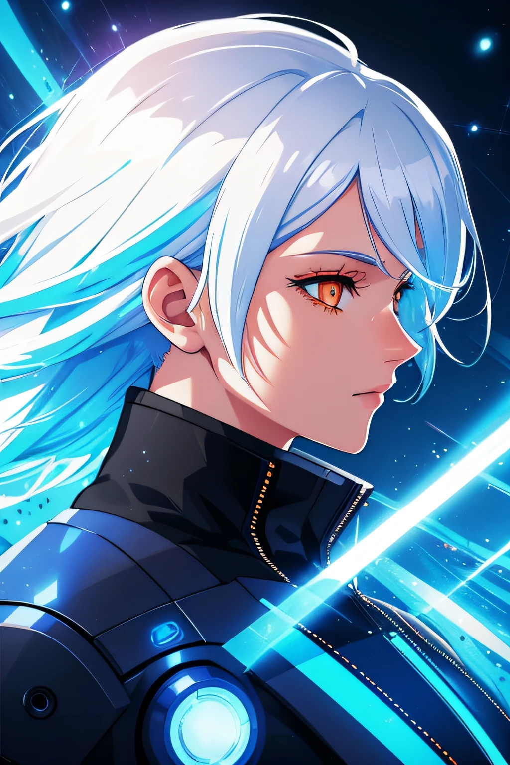 white hair, blue hair, orange hair, gradient hair, orange eyes, from side, profile picture, cyberpunk background, robotic, hair flowing over, volumetric lighting, light particles, sparkling eyes, dystopian, colorful