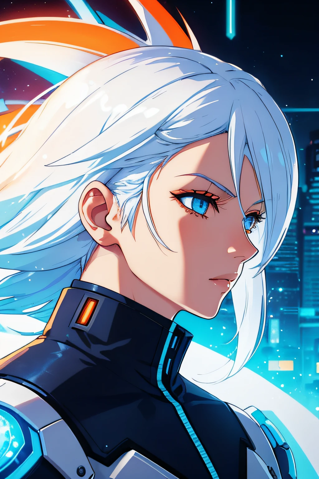 white hair, blue hair, orange hair, gradient hair, orange eyes, from side, profile picture, cyberpunk background, robotic, hair flowing over, volumetric lighting, light particles, sparkling eyes, dystopian, colorful