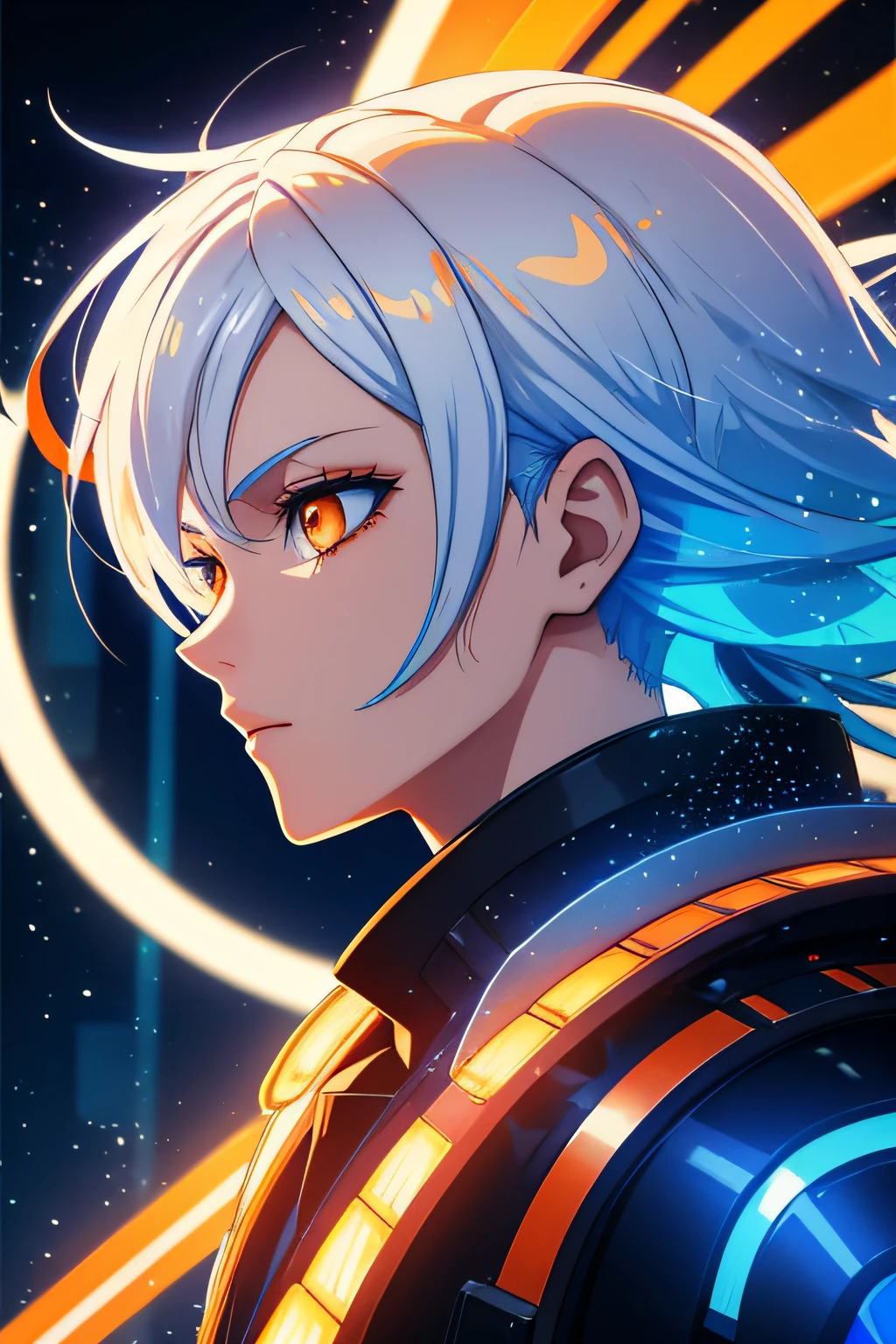 white hair, blue hair, orange hair, gradient hair, orange eyes, from side, profile picture, cyberpunk background, robotic, hair flowing over, volumetric lighting, light particles, sparkling eyes, dystopian, colorful