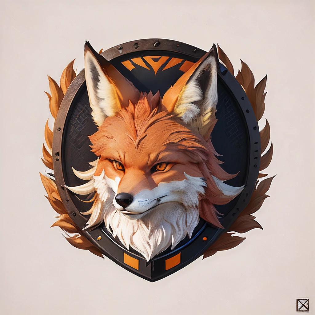 Hay una cabeza de zorro，Hay un escudo en él, retrato de un zorro antro, digital fox, zorro antropomorfo, animales zorro, Zorro estilizado, un zorro ciberpunk antropomórfico,Diseño de logo，Iconos 2D，diseño de interfaz de usuario