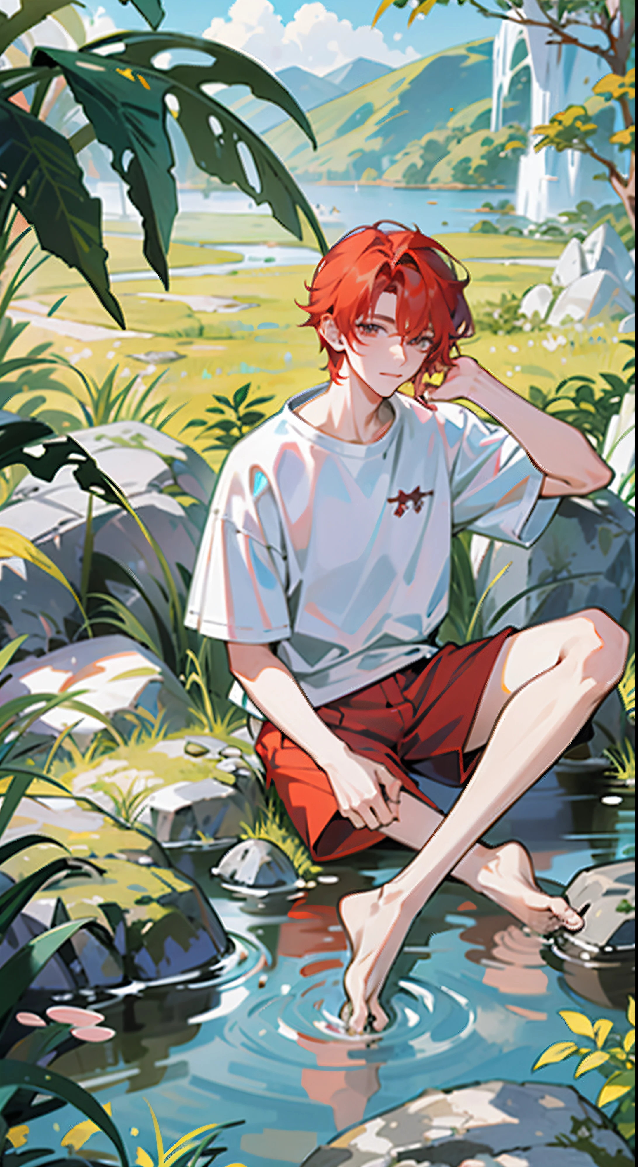 Anime boy sitting in a stream with his feet in the water - SeaArt AI