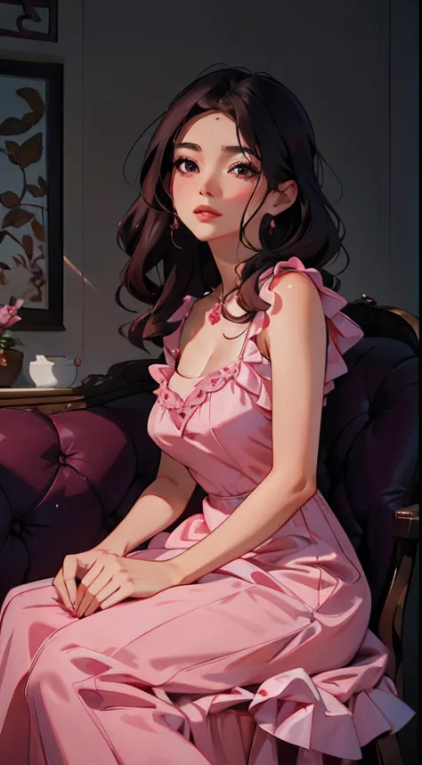 a close up of a woman in a pink dress sitting on a chair, soft silk dress, wearing a pink ballroom gown, dressed in a pink dress...